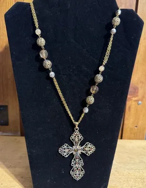 Long Layered Gold Tone Beaded Cross Rhinestone Necklace thumbnail 1