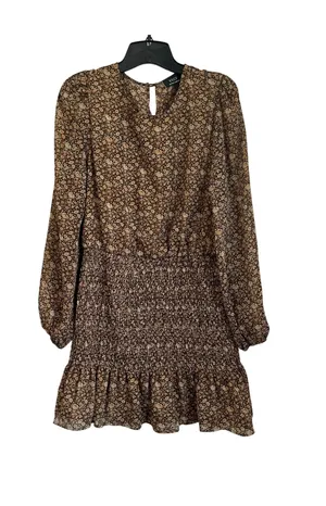 VICI Brown Floral Smocked‎ Mini Dress Long Sleeve Flounce Boho XL thumbnail 1