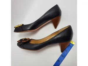 Chloe Leather Buckle Peep Toes Kitten Heels Slip On Pumps Size 37 Black thumbnail 5
