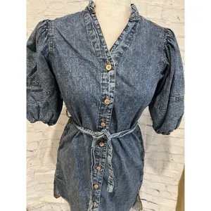 Rebellion denim puff sleeve button down short shirt dress with a tie waist S thumbnail 2