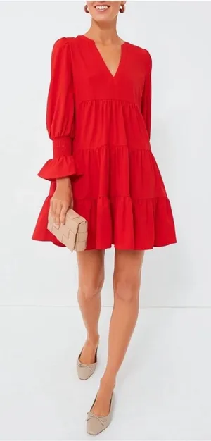 POMANDER PLACE Red Crepe Kenzo Tiered Dress Size Medium‎ thumbnail 1