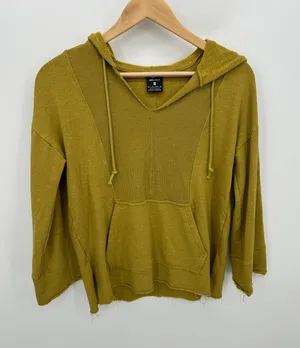 Nike Dri-fit Sweatshirt‎ Women XS Mustard Yellow Hoodie Cut Off Yoga Fringe thumbnail 1