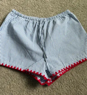 SHEIN Blue & White Striped Athletic Shorts with Red Trim thumbnail 1