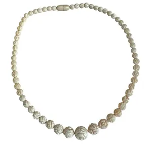 Vintage Hand-Carved Bone Bead Necklace with Floral Detail thumbnail 2