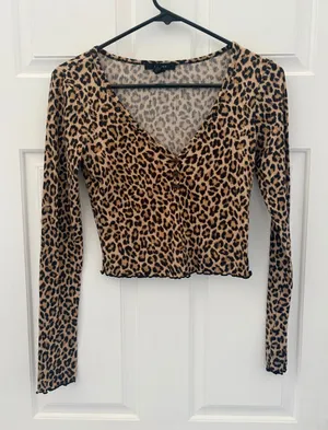 Forever 21 Leopard Print V-Neck Long Sleeve Top - Tan and Black thumbnail 1