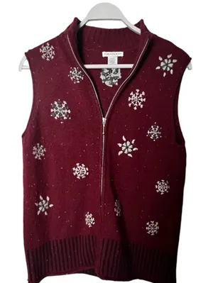 Hannah Women's Zip Front Seasonal Snowflake Pattern Winter Style Vest Sz L thumbnail 1