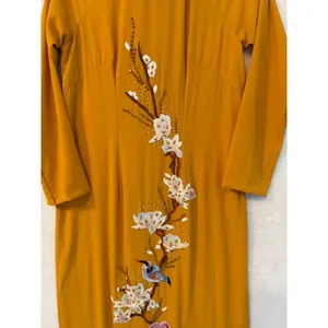 Vietnamese Ao Dai Tunic Mustard Yellow Floral Embroidered Beaded Gown Dress S/M thumbnail 5