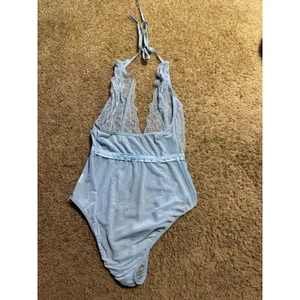 Light Blue Lace Halter Bodysuit Sheer Mesh‎ Floral Lingerie Teddy Small thumbnail 4