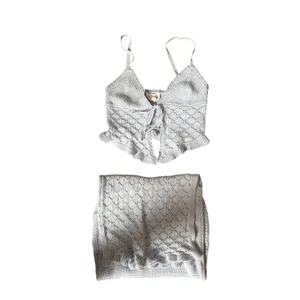 Olive+ Oak Light Blue Pointelle Knit 2 Piece Set Tie Front Crop‎ Top Midi Skirt thumbnail 4