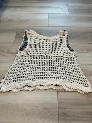 POL Round Neck Sleeveless Floral Pattern Crochet Top Blue thumbnail 6