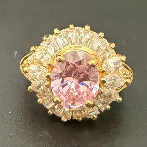 Vintage 925 Gold Over Sterling Pink Oval CZ Flower Cocktail Ring Size 8.5 7g. thumbnail 3
