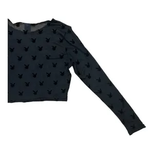 Play Boy Women Crop Top Size L/XL Black Lace Sheer Long-Sleeve Scoop-Neck Blouse thumbnail 7