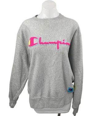 Champion Reverse Weave Gray Pink Logo Spellout Long Sleeve Sweatshirt Top Size L thumbnail 1