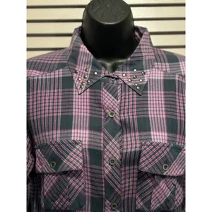 O'Neill Long Sleeve Shirt Pink/Gray Plaid‎ Size Medium Button Up Studs thumbnail 4