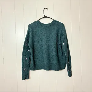 Madewell Floral Embroidered Merino Wool Blend Sweater Green Crewneck Size Small thumbnail 7