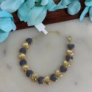14K Gold Plated Womens Navy Blue Pave‎ Heart Link Adjustable Bracelet thumbnail 2