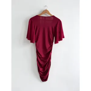 YESTTO Burgundy‎ Ruched Deep V-Neck Flutter Sleeve Bodycon Mini Dress Small NWT thumbnail 3