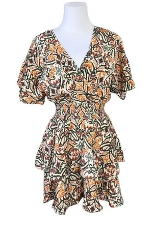 Zara AOP Ikat Print Tiered Elastic Waist Dress Tan Green Tribal MEDIUM Boho Chic thumbnail 1