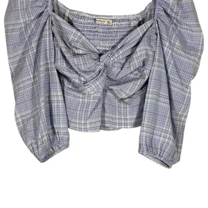 Stradivarius Knot Front Plaid Puff Sleeve Crop Top Blue Cottagecore Size S thumbnail 3