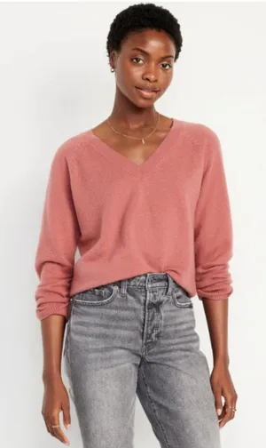 Old Navy Women's Size Large SoSoft Loose V-Neck Sweater Mauve Rose‎ Pink Stretch thumbnail 1