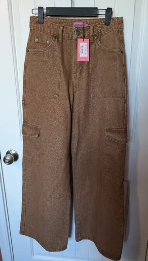 NWTS Edikted Mid Rise Cargo Carpenter Jeans Women's XS (2-4) Brown Wash thumbnail 1