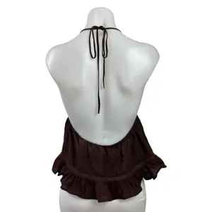 Zara Brown Sleeveless Cami Halter Embroidered Tie Front Ruffle Tank Top Size M thumbnail 3