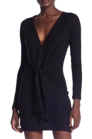 Free People Ginger Dress Size XS Black Cozy Knit Tie Waist‎ V Neck Mini Bodycon thumbnail 1