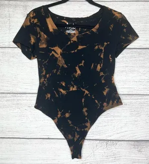 Hand Dyed Black Bleach Tie Dye Scoop Neck Short Sleeve Bodysuit Top Size Large thumbnail 4