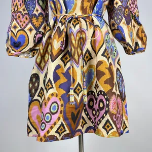 NWOT Farm Rio Hearts Ikat Cream Long-Sleeve Mini Dress Size M thumbnail 4