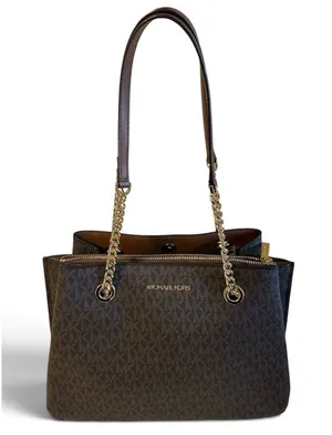 Michael Kors Teagen Large Logo Shoulder Bag Brown MK Monogram EUC purse handbag thumbnail 1