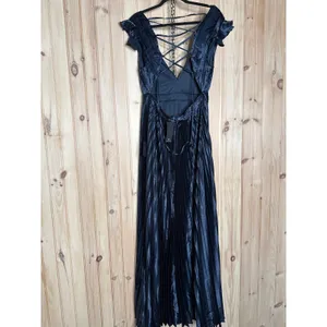 NWT Lulus Exceptional Drama Navy Blue Satin Lace-Up Pleated Maxi Dress Luxe Sz L thumbnail 6