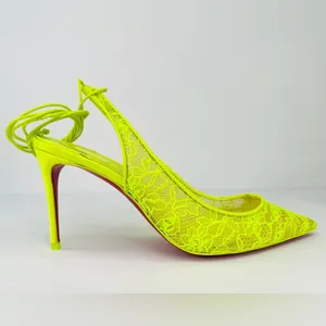 Christian Louboutin Kate 85mm Lace Wraparound Neon Fluo Yellow Pumps EU 38 thumbnail 5