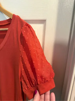 Women’s Orange V-Neck Swiss Dot Short Sleeve Tee thumbnail 4