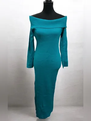PRETTYGARDEN Off-Shoulder Teal Maxi Ribbed Dress thumbnail 2