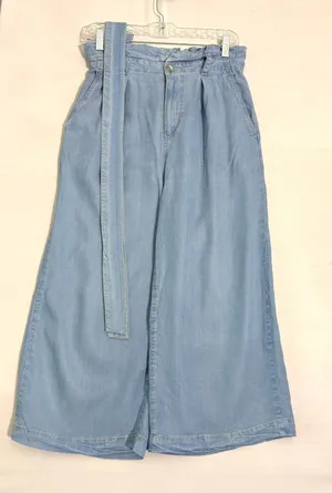 Zara Denim Light Wash‎ Paperbag Waist Wide Leg Culottes with Belt Blue Size M thumbnail 1