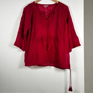 Lucky Brand Boho Ren Faire Cotton Top With Embroidery and Tasseled Drawstrings thumbnail 5