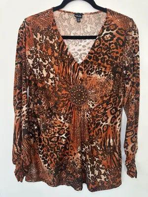 Rafaella V-Neck Blouse Size M Brown Animal Print Beaded Center thumbnail 2