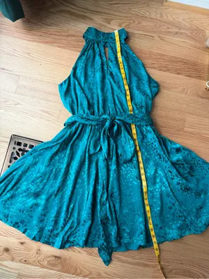 NWT Anthropologie Halter Neck Jacquard Mini Dress Teal Removable Belt Large thumbnail 6