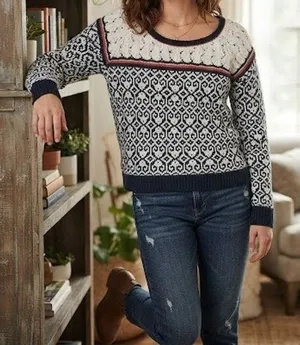 American Eagle Fair Isle Heart Wool Alpaca Blend Pointelle Sweater XL Navy Blue thumbnail 1