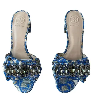 Tory Burch‎ Valentina Brocade Crystal Bow Slide Sandals Blue Gold 8 thumbnail 1