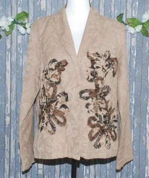 Marisol Ladies Brown Suede Long Sleeve Jacket Size L Floral Open Front Patchwork thumbnail 1