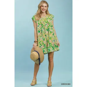 Umgee Tropical Floral Flutter Sleeve Swing Dress - Green‎ Mix - Small thumbnail 4