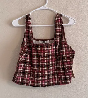 NWT madden NYC Plaid Square-Neck Crop Tank Top - Burgundy Pink thumbnail 1