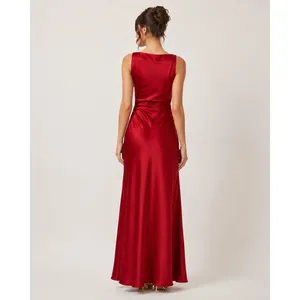 Zara Red Satin Maxi Dress XS Draped Neck Ruched Waist Sleeveless Evening Gown thumbnail 3