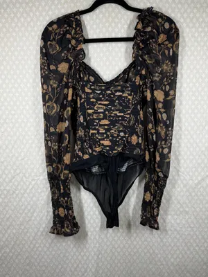 Free People Brown Black Floral Brunch Date Puff Sleeve‎ Bodysuit thumbnail 5