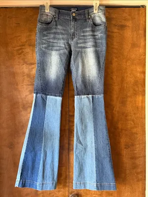 VENUS Patchwork Two Tone Flare Jeans High Rise Wide Leg Denim. Size 6 thumbnail 2