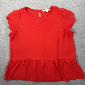 LOFT Women's Large Peplum Top Blouse Red Sheer Keyhole Back Short Sleeve thumbnail 1