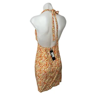 NEW Motel Orange Leana Ditsy Floral Halter Plunge V Sleeveless Mini Dress Size L thumbnail 2
