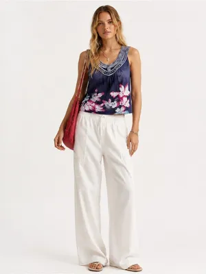 Anthropologie XS Navy Floral Tank Top Boho Beaded Scoop Neck Embellished Blouse thumbnail 3