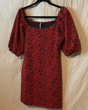 Free People red & blue metallic Sunset puff sleeve cold shoulder mini dr… thumbnail 1